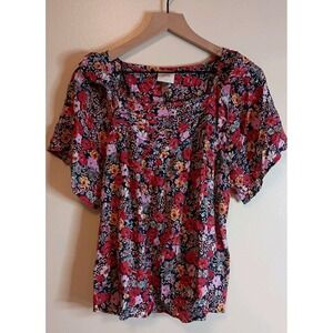 Knox Rose Boho Navy Floral Blouse NWT Feminine Peasant Top Flowy‎ Sleeve Size S